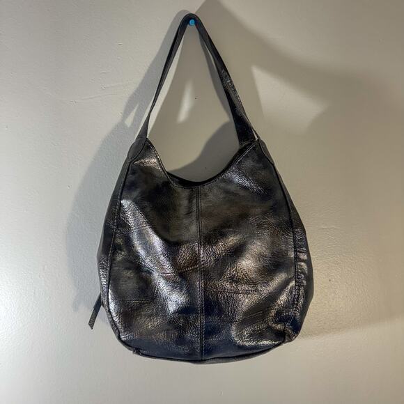 JING PIN PI JU Small Hobo Bag Shimmer Metallic Patent Black Shoulder Purse Y2K - Picture 3 of 9